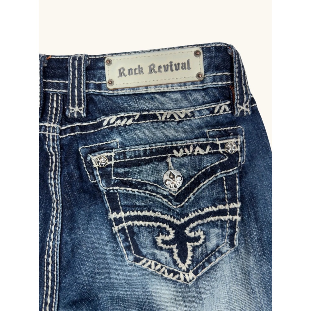 Rock Revival Abby Flare Jeans Womens 28 Blue Denim Embroidered Flap Pocket